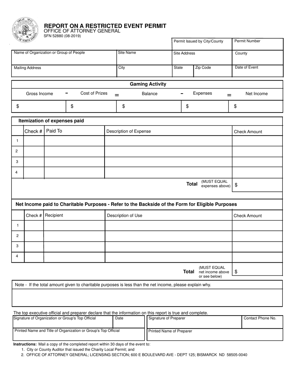 Form SFN52880 Report on a Restricted Event Permit - North Dakota, Page 1