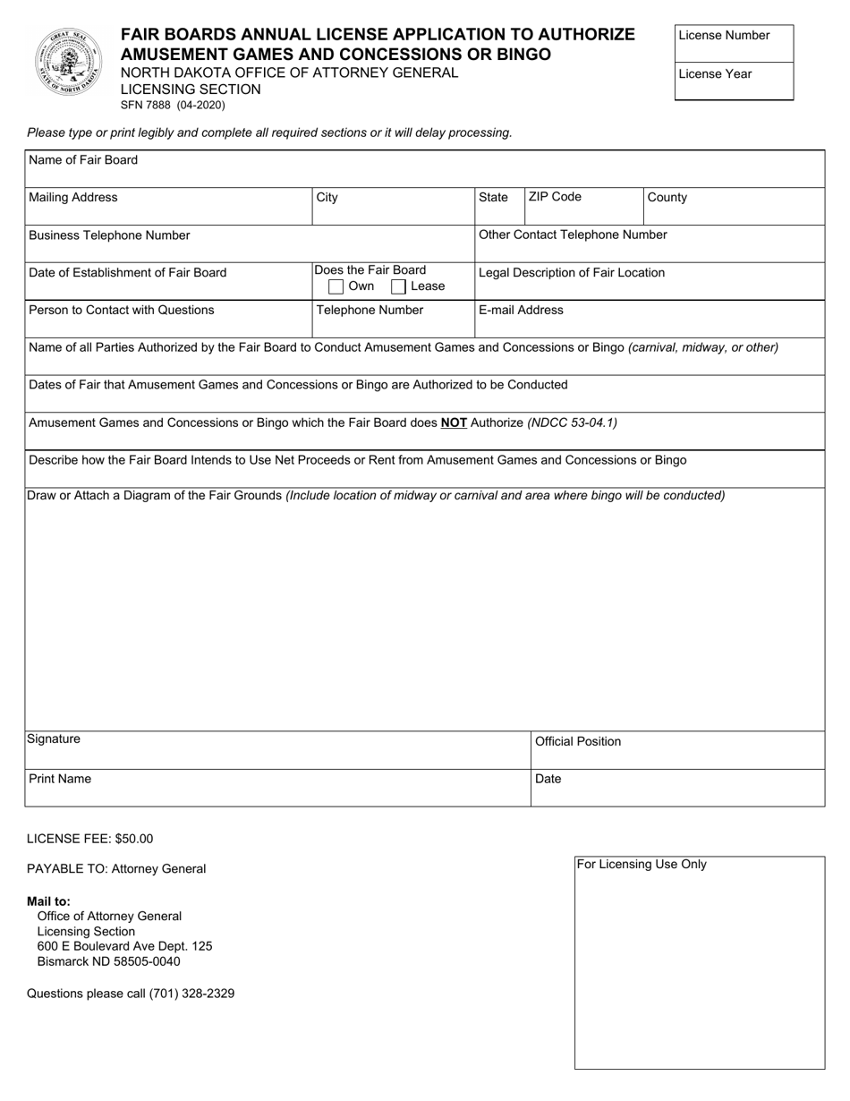 Form SFN7888 Fair Boards Annual License Application to Authorize Amusement Games and Concessions or Bingo - North Dakota, Page 1
