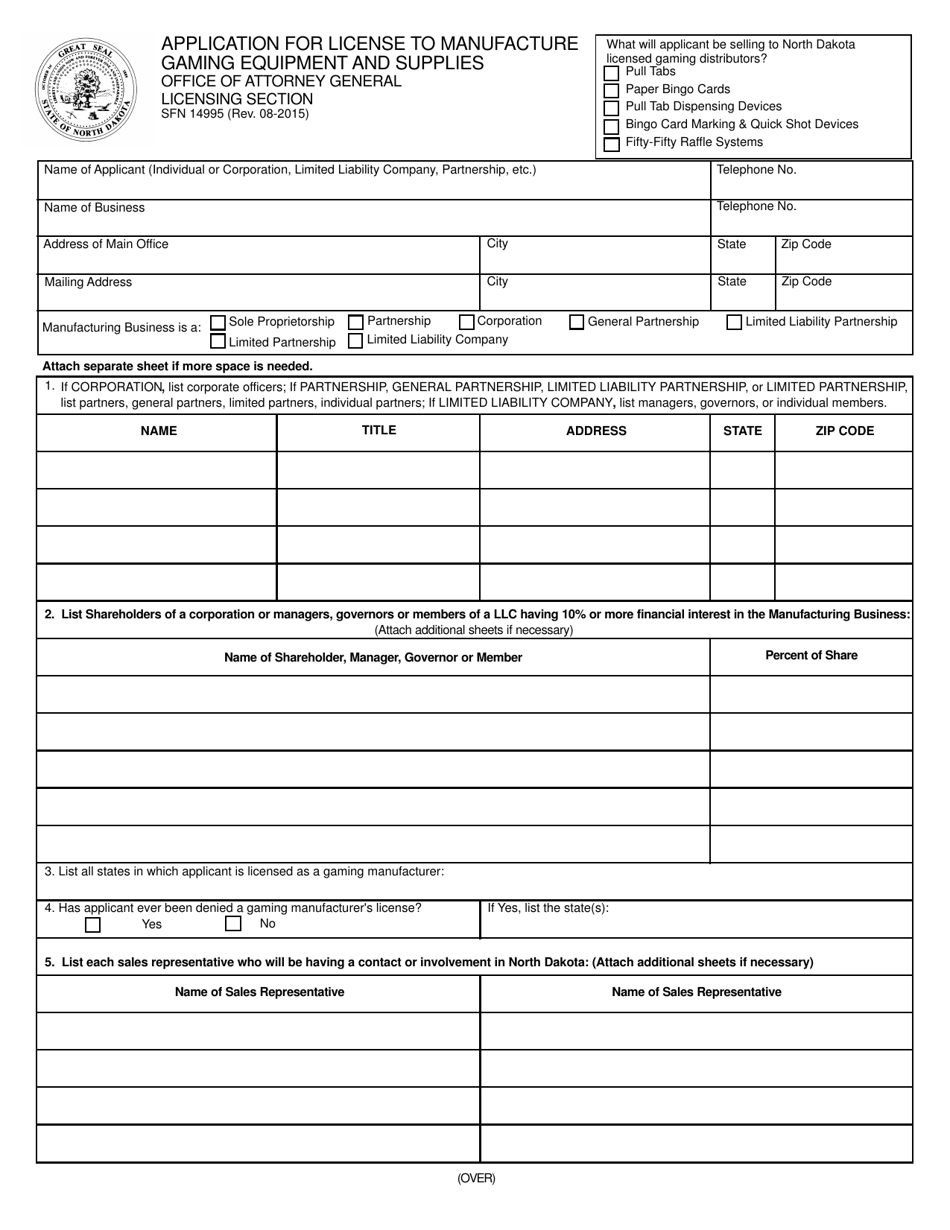Form SFN14995 Application for License to Manufacture Gaming Equipment and Supplies - North Dakota, Page 1