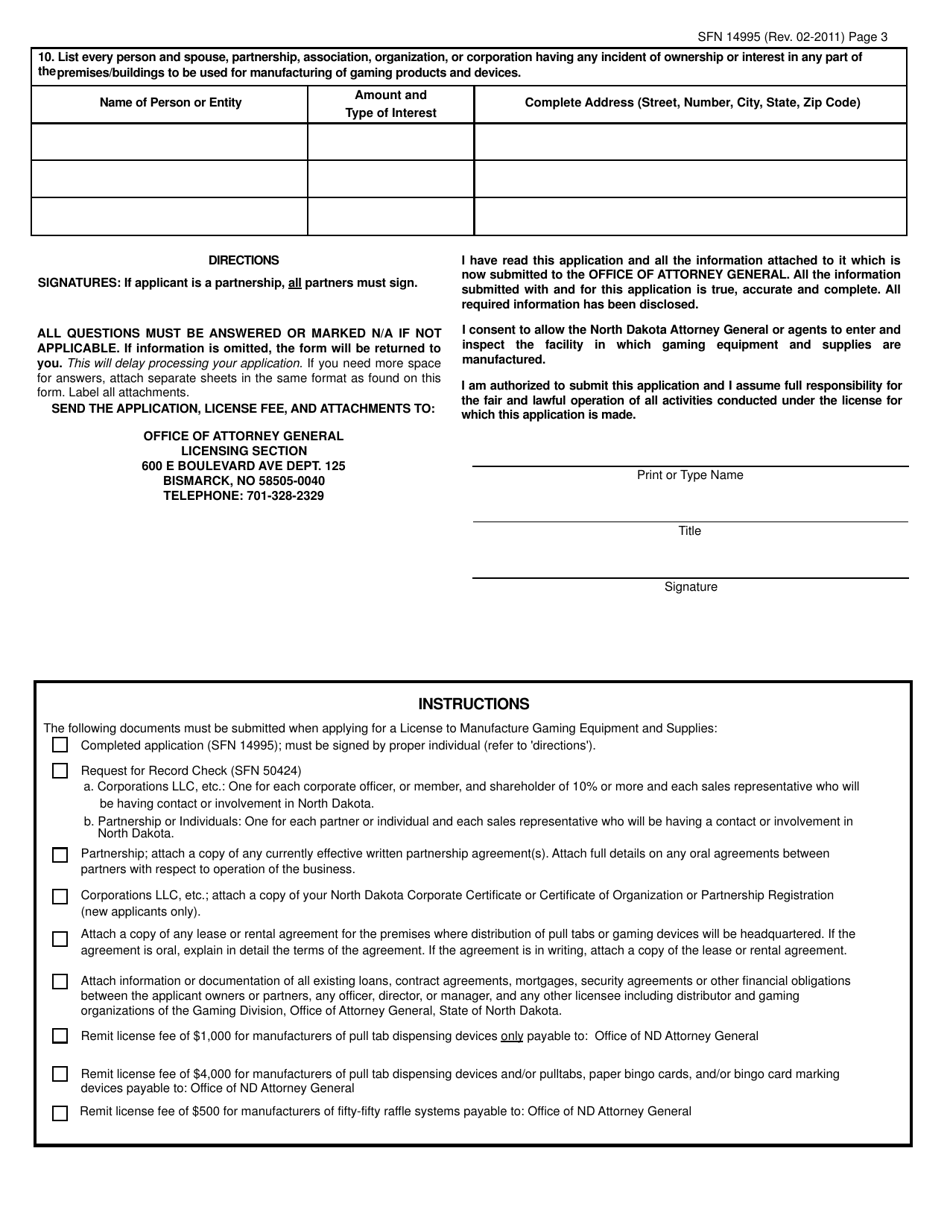 Form SFN14995 Application for License to Manufacture Gaming Equipment and Supplies - North Dakota, Page 3