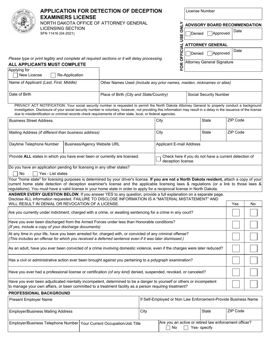 Form SFN11416 Application for Detection of Deception Examiners License - North Dakota, Page 1