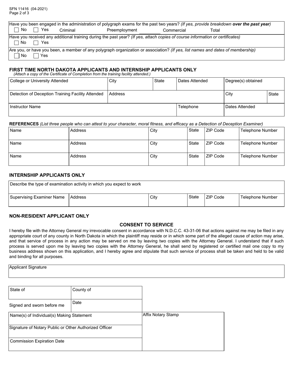 Form SFN11416 Application for Detection of Deception Examiners License - North Dakota, Page 2