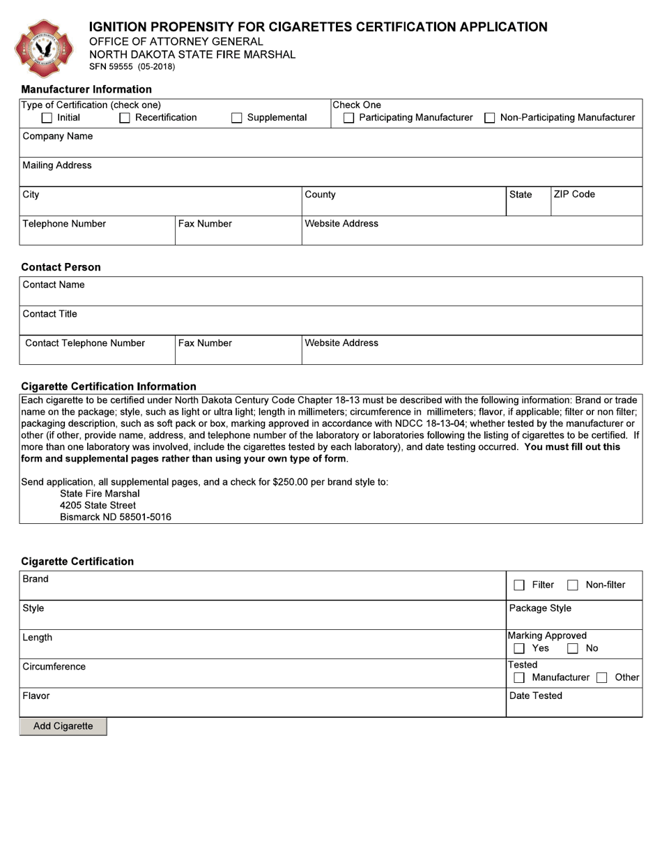 Form SFN59555 Ignition Propensity for Cigarettes Certification Application - North Dakota, Page 1