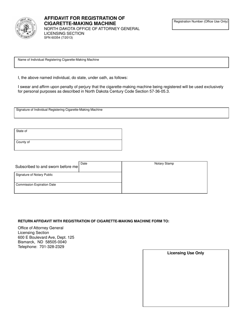 Form SFN60354 Affidavit for Registration of Cigarette-Making Machine - North Dakota, Page 1