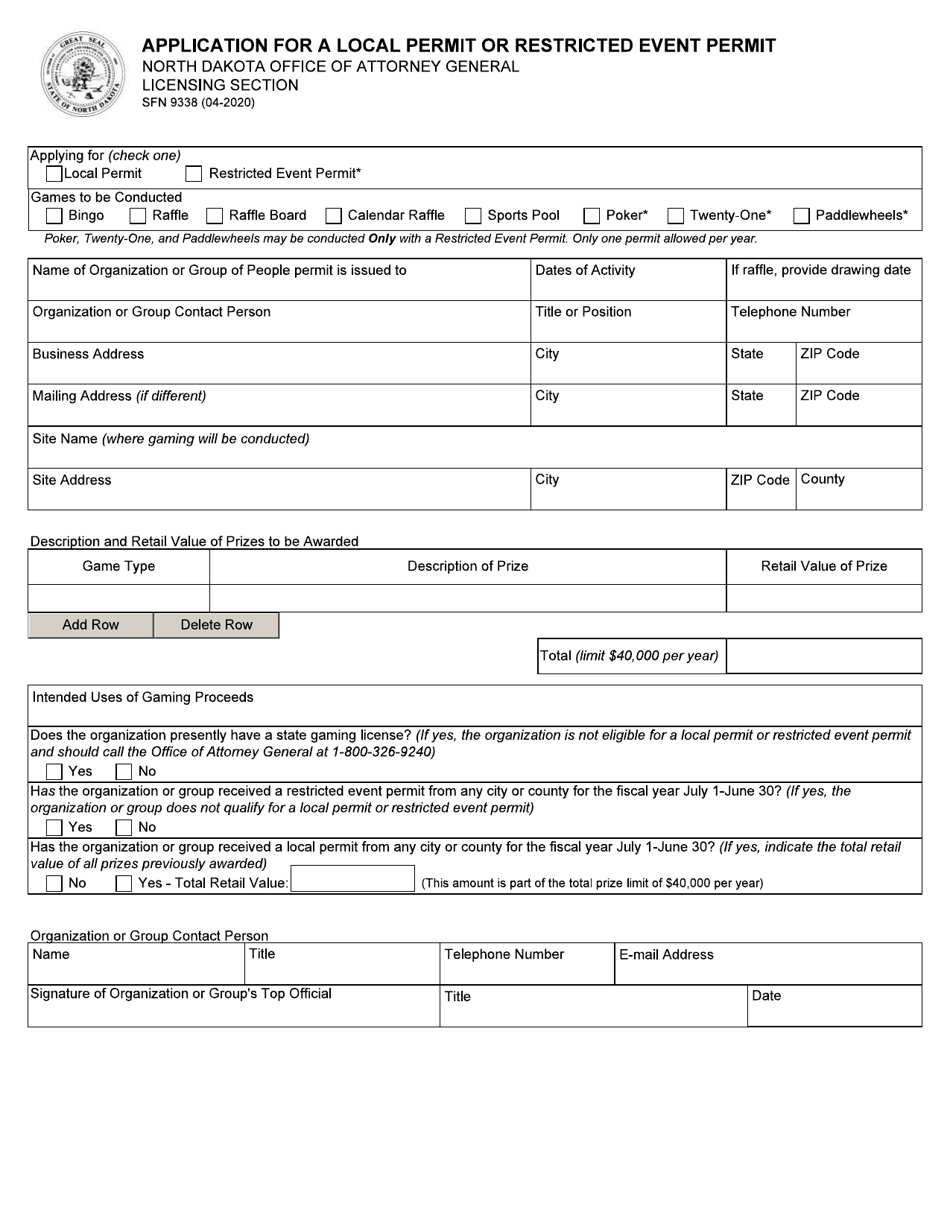 Form SFN9338 Application for a Local Permit or Restricted Event Permit - North Dakota, Page 1