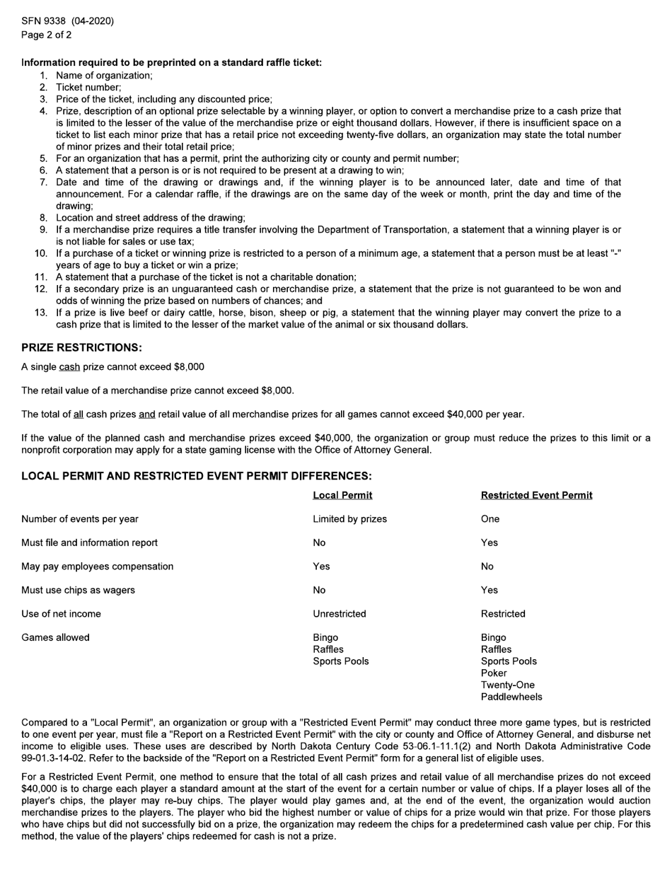 Form SFN9338 Application for a Local Permit or Restricted Event Permit - North Dakota, Page 2
