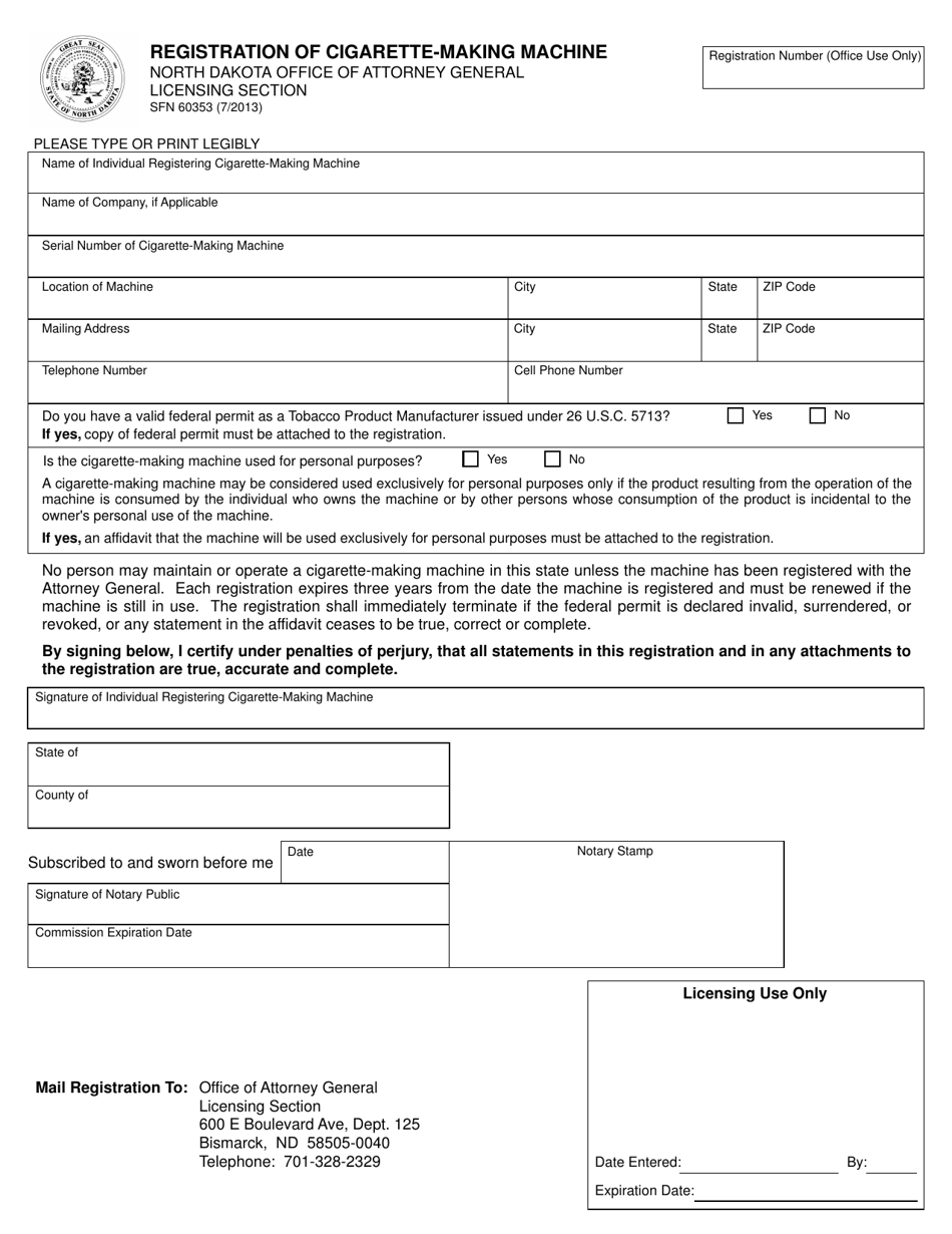 Form SFN60353 Registration of Cigarette-Making Machine - North Dakota, Page 1
