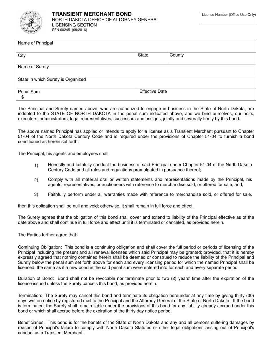 Form SFN60245 Transient Merchant Bond - North Dakota, Page 1