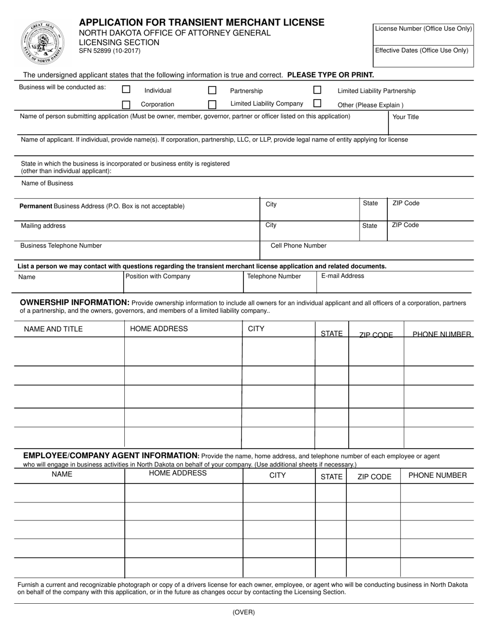 Form SFN52899 Application for Transient Merchant License - North Dakota, Page 1