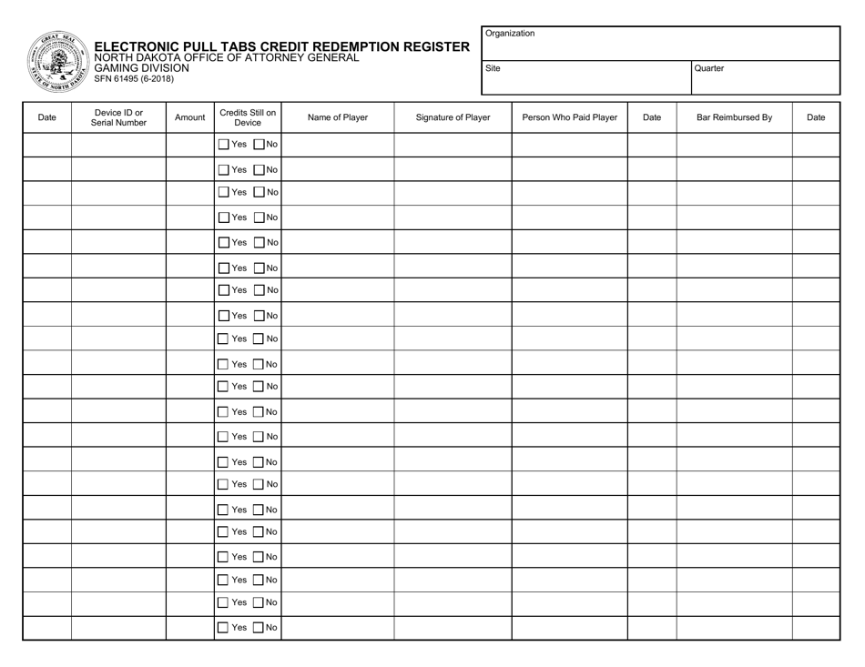 Form SFN61495 Electronic Pull Tabs Credit Redemption Register - North Dakota, Page 1