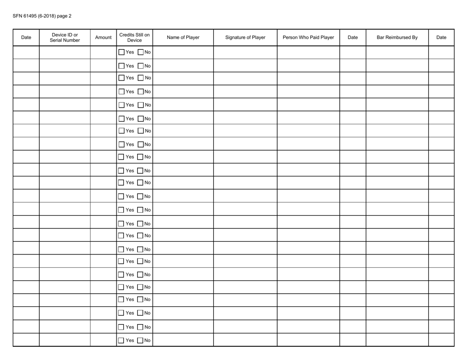 Form SFN61495 Electronic Pull Tabs Credit Redemption Register - North Dakota, Page 2