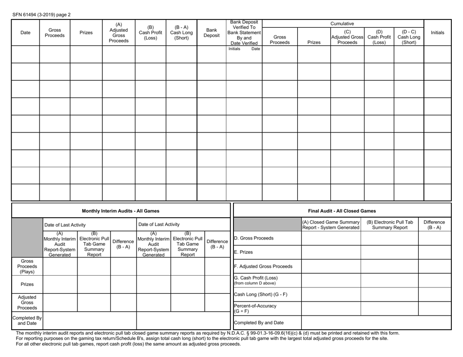 Form SFN61494 Electronic Pull Tab Summary Report - All Games - North Dakota, Page 2