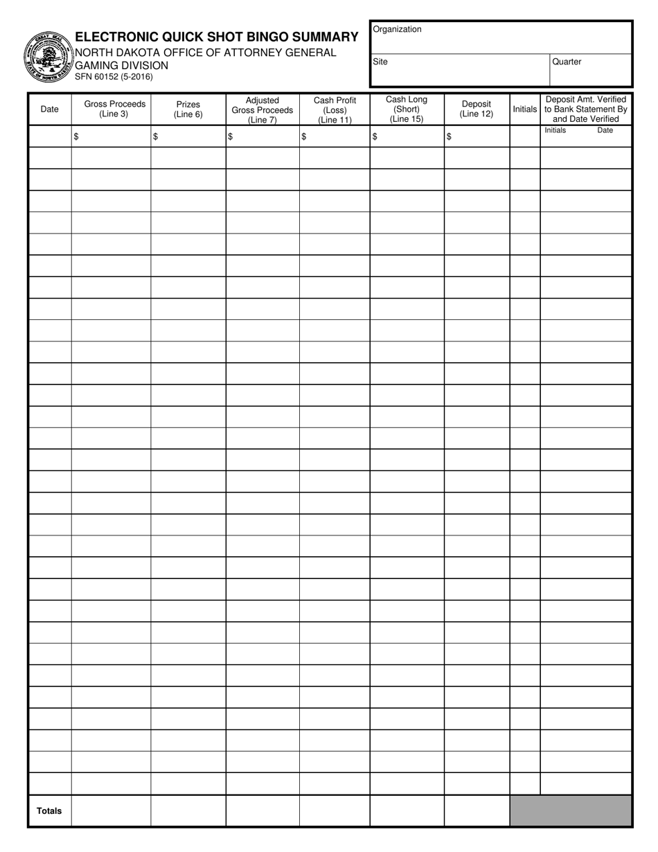 Form SFN60152 Electronic Quick Shot Bingo Summary - North Dakota, Page 1