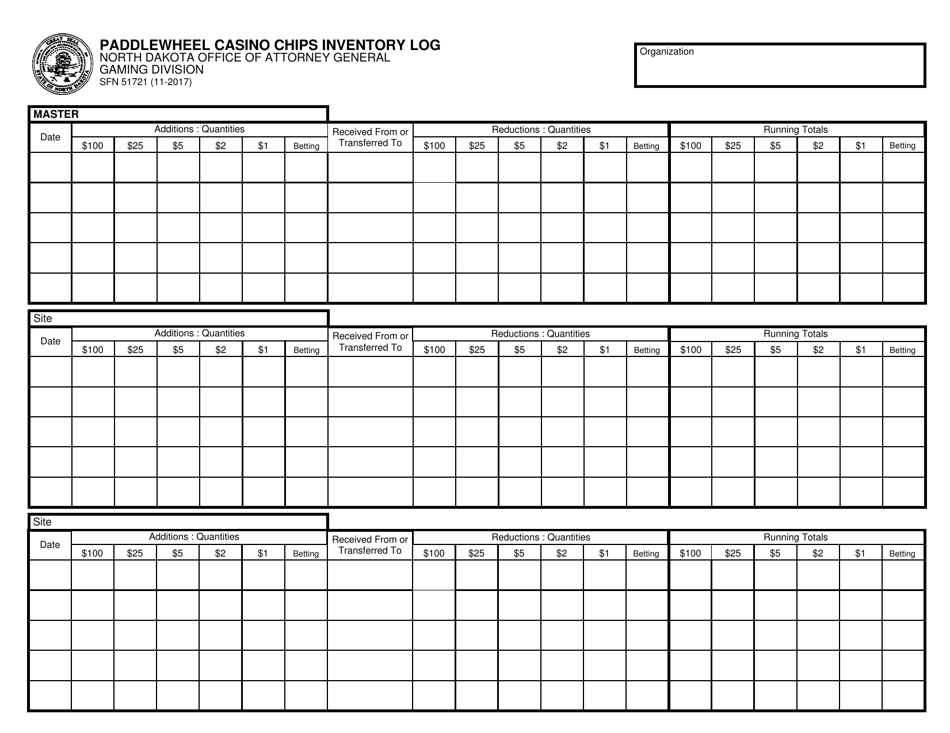 Form SFN51721 Paddlewheel Casino Chips Inventory Log - North Dakota, Page 1