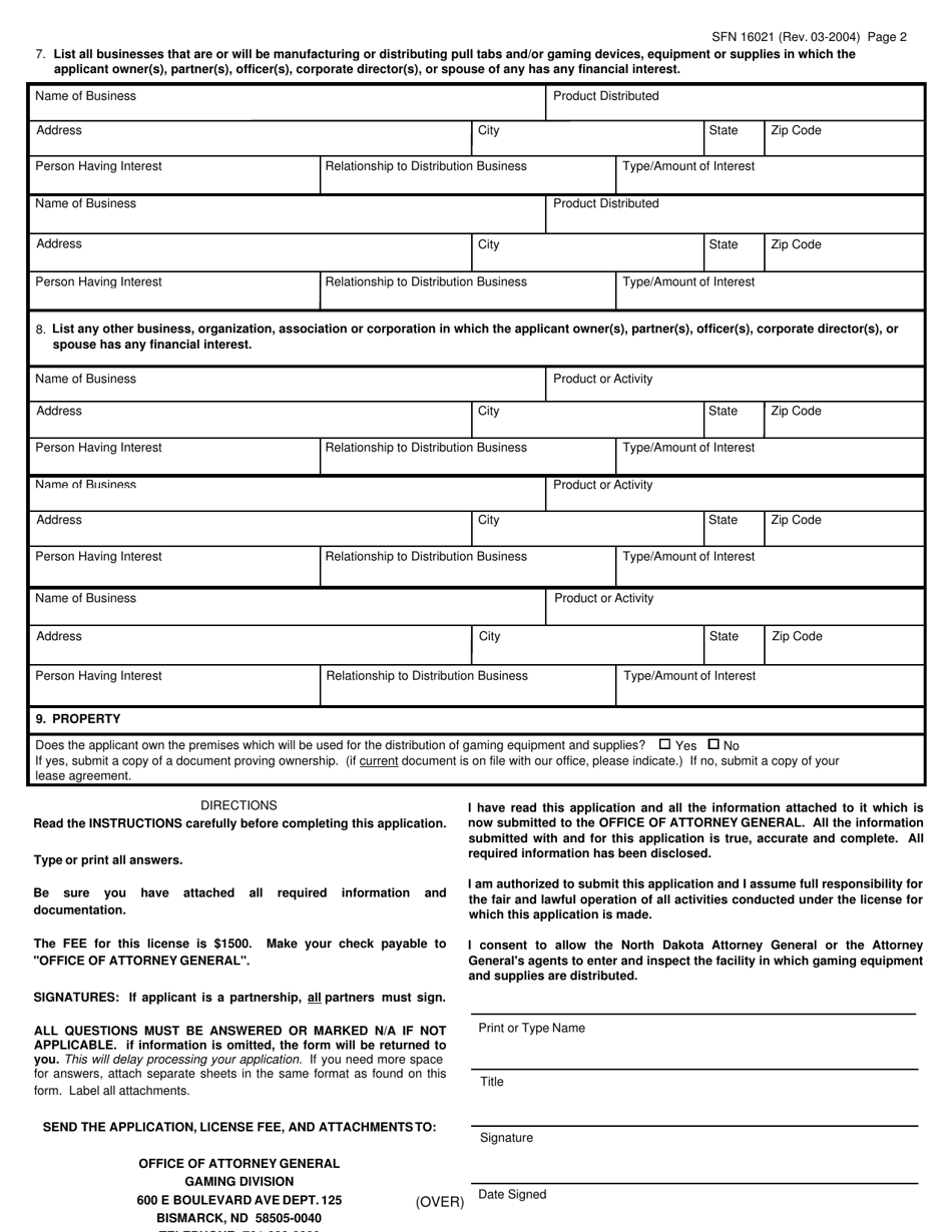 Form SFN16021 Application for License to Distribute Gaming Equipment and / or Supplies (Including Pull Tabs or Other Gaming Devices) - North Dakota, Page 2