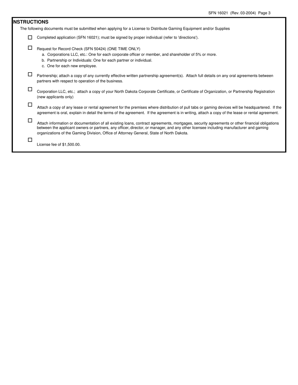Form SFN16021 Application for License to Distribute Gaming Equipment and / or Supplies (Including Pull Tabs or Other Gaming Devices) - North Dakota, Page 3