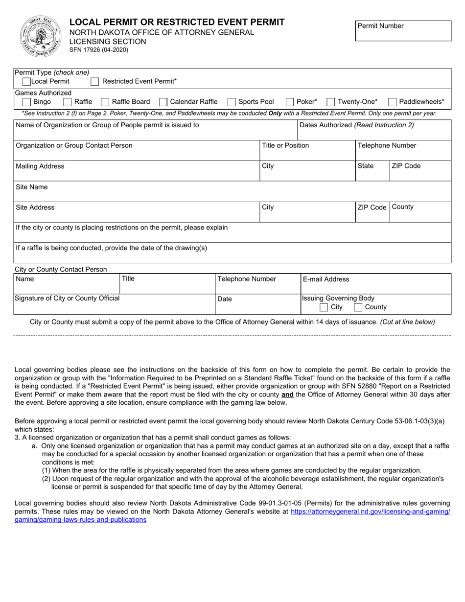 Form SFN17926 Local Permit or Restricted Event Permit - North Dakota, Page 1