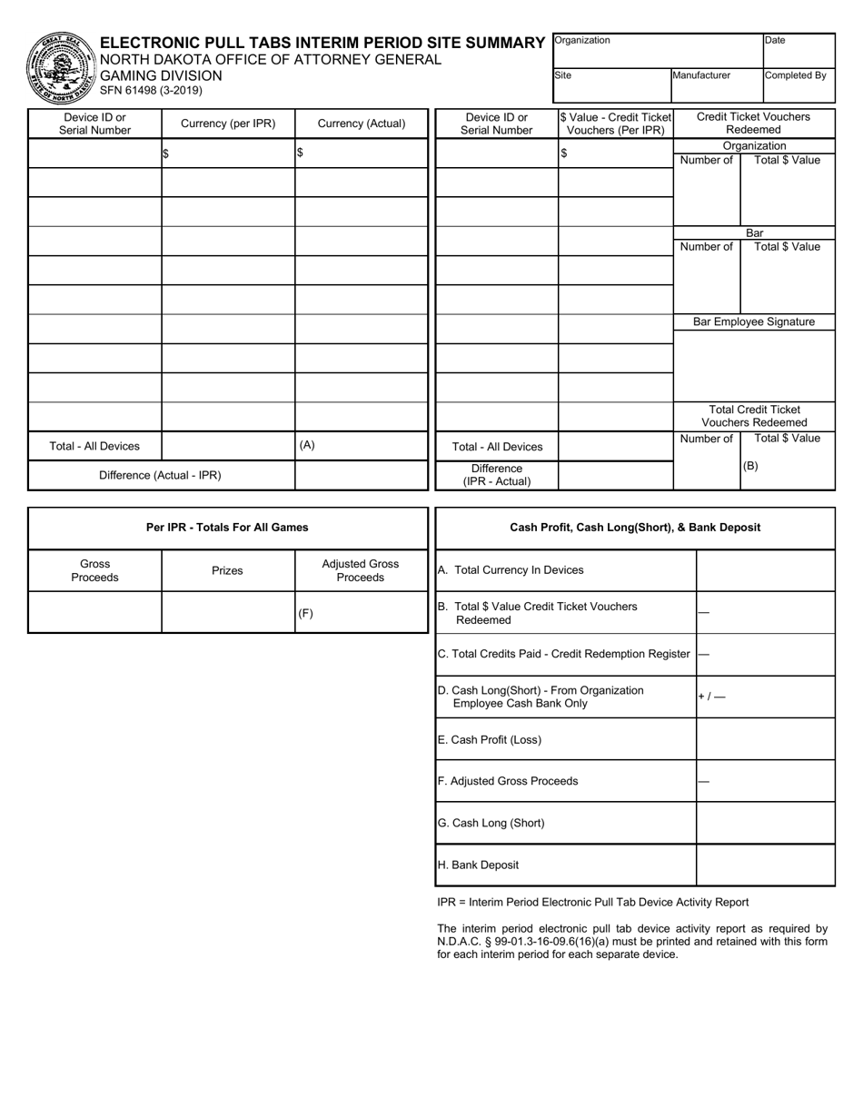 Form SFN61498 Electronic Pull Tabs Interim Period Site Summary - North Dakota, Page 1