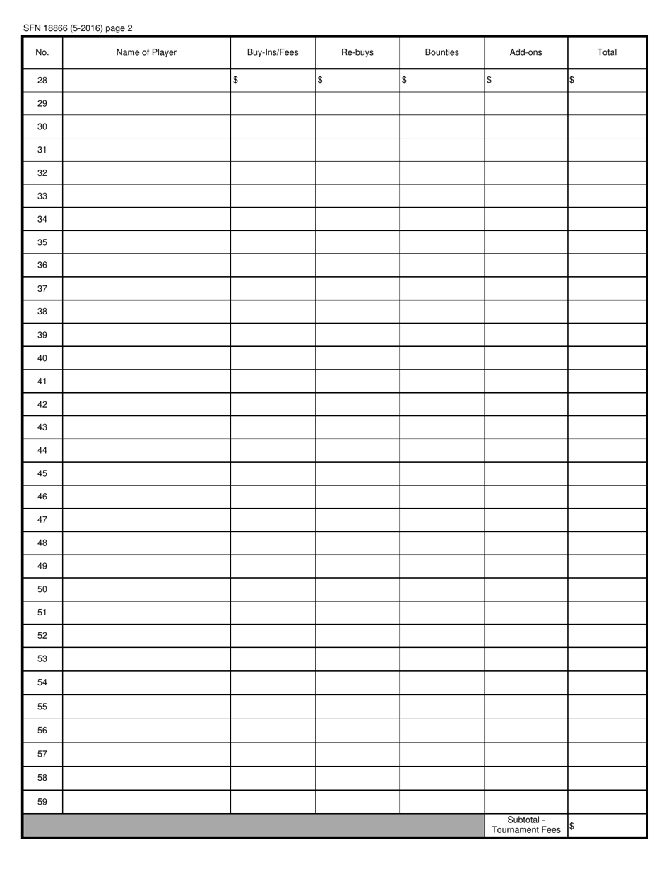 Form SFN18866 Poker Tournament - Player Registration - North Dakota, Page 2