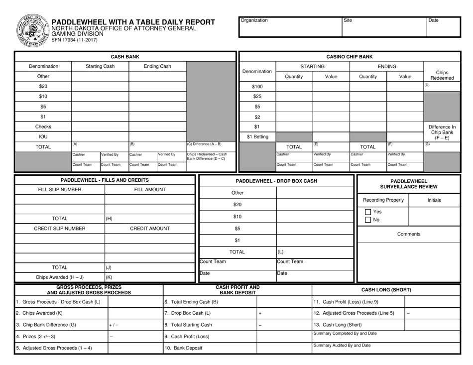 Form SFN17934 Paddlewheel With a Table Daily Report - North Dakota, Page 1