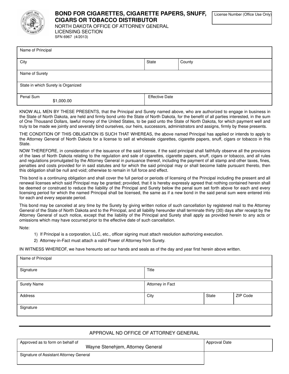 Form SFN6967 Bond for Cigarettes, Cigarette Papers, Snuff, Cigars or Tobacco Distributor - North Dakota, Page 1