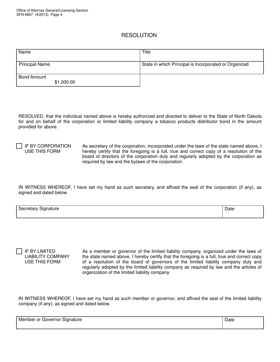 Form SFN6967 Bond for Cigarettes, Cigarette Papers, Snuff, Cigars or Tobacco Distributor - North Dakota, Page 4