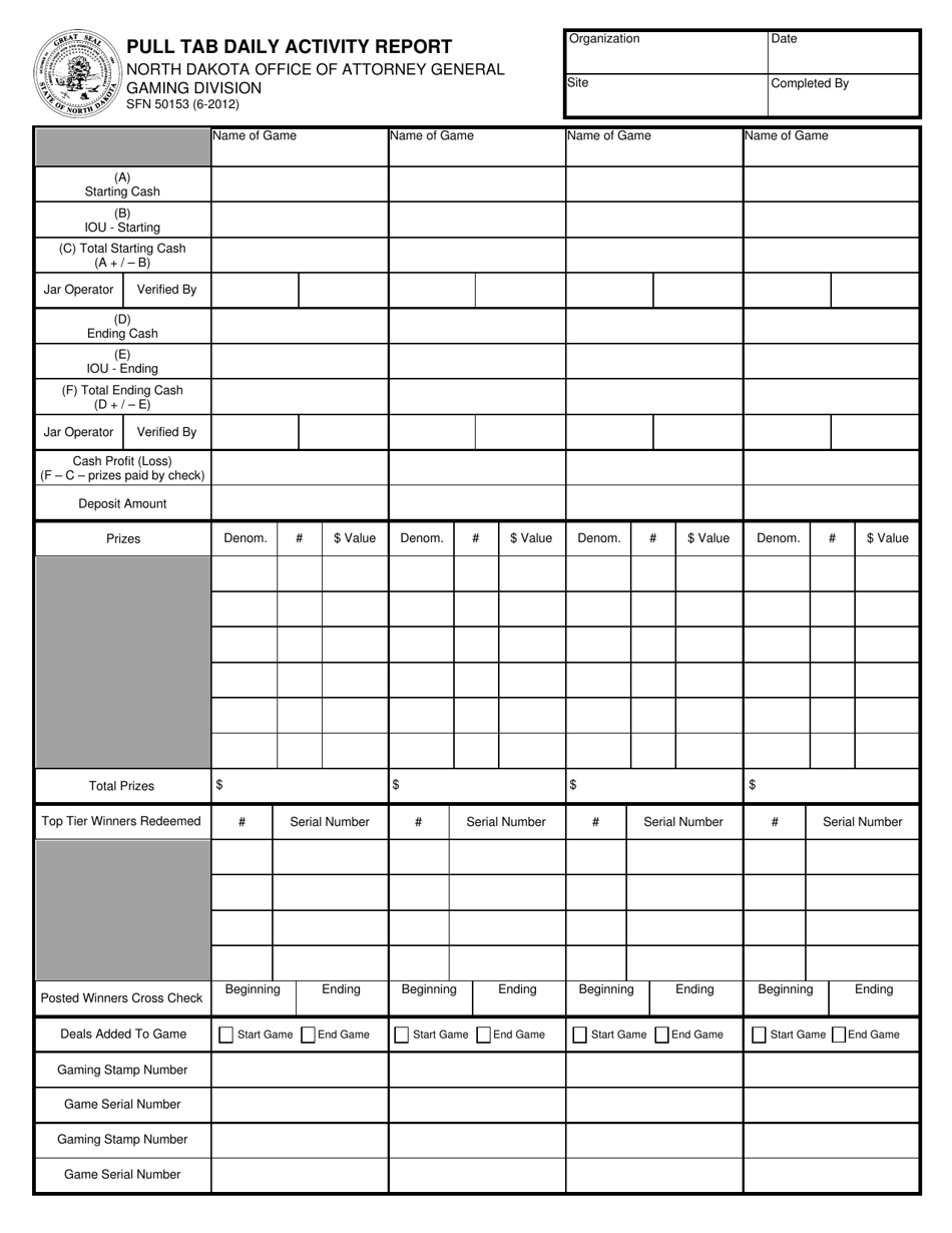 Form SFN50153 Pull Tab Daily Activity Report - North Dakota, Page 1