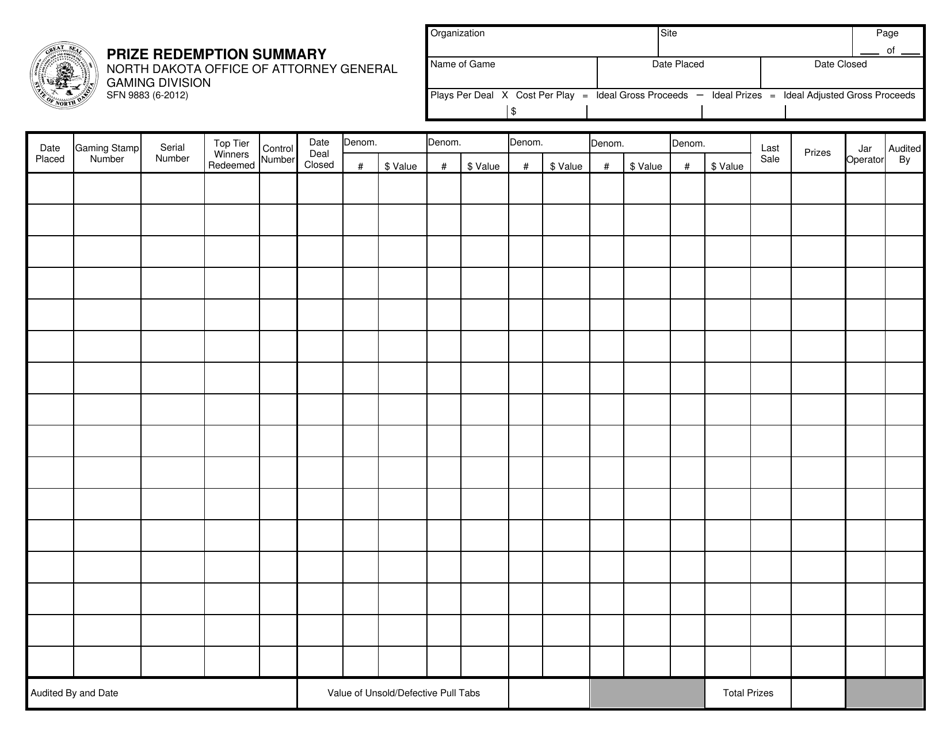 Form SFN9883 Prize Redemption Summary - North Dakota, Page 1