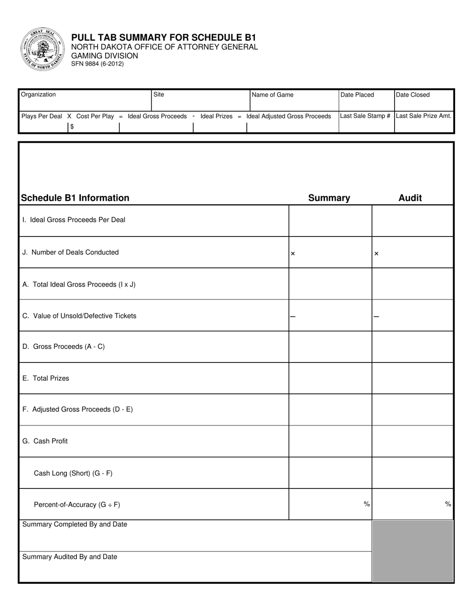 Form SFN9884 Pull Tab Summary for Schedule B1 - North Dakota, Page 1
