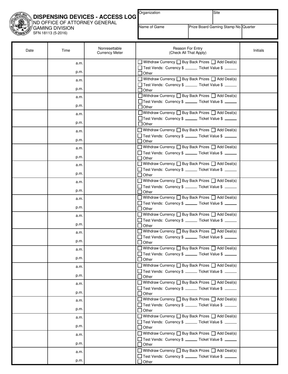 Form SFN18113 Dispensing Devices - Access Log - North Dakota, Page 1