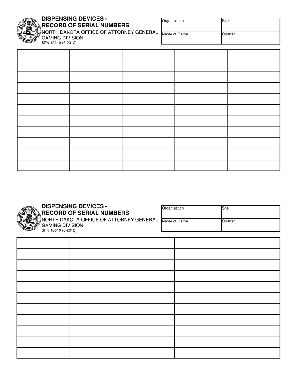 Form SFN18619 Dispensing Devices - Record of Serial Numbers - North Dakota, Page 1