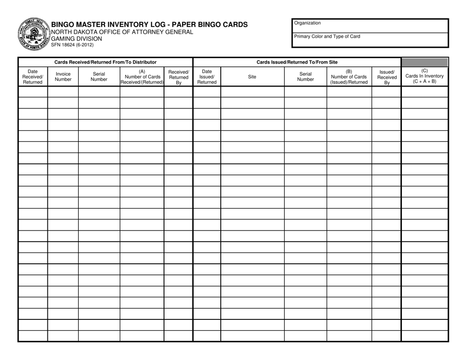 Form SFN18624 Bingo Master Inventory Log - Paper Bingo Cards - North Dakota, Page 1