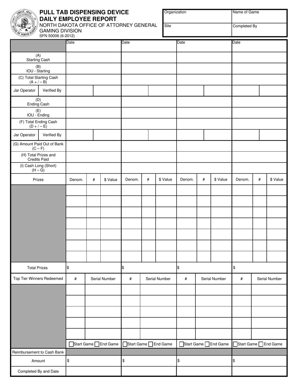 Form SFN50006 Pull Tab Dispensing Device Daily Employee Report - North Dakota, Page 1