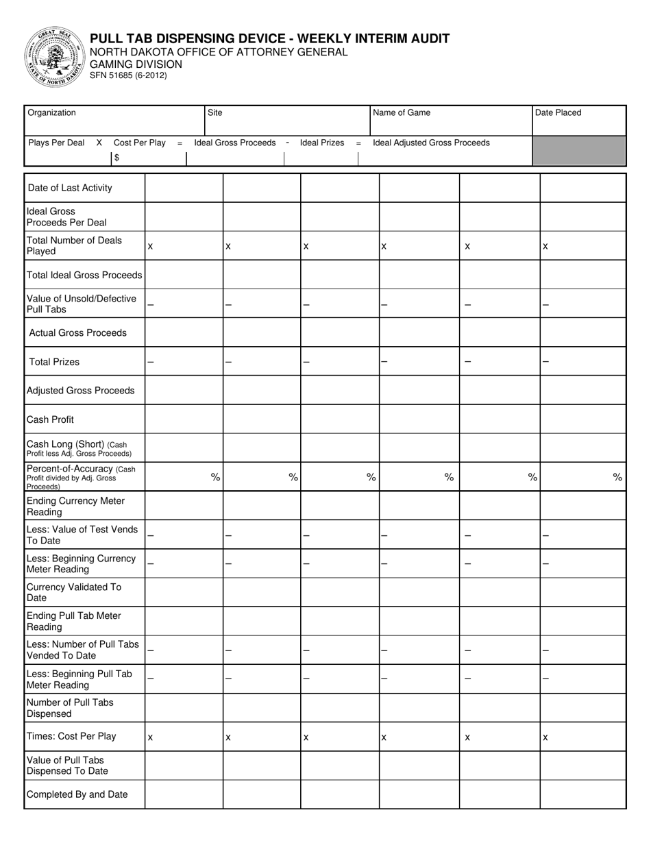 Form SFN51685 Pull Tab Dispensing Device - Weekly Interim Audit - North Dakota, Page 1