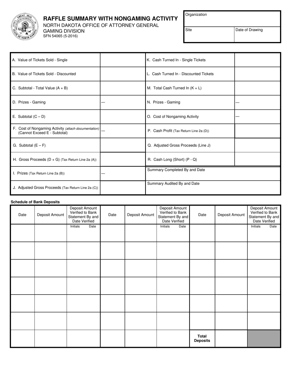 Form SFN54065 Raffle Summary With Nongaming Activity - North Dakota, Page 1