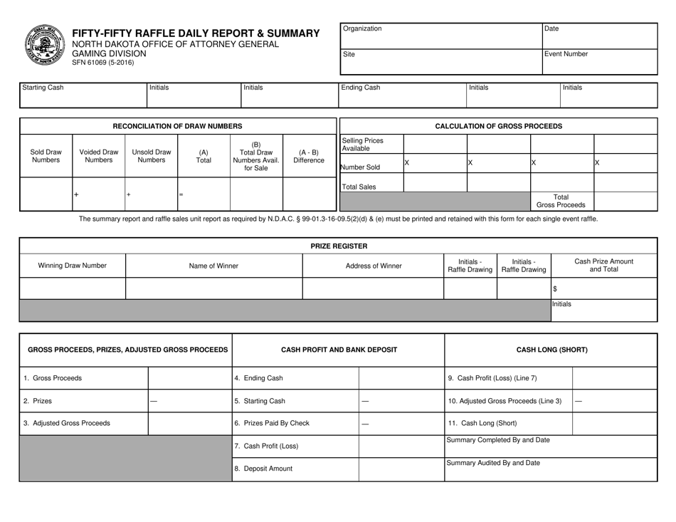 Form SFN61069 Fifty-Fifty Raffle Daily Report  Summary - North Dakota, Page 1