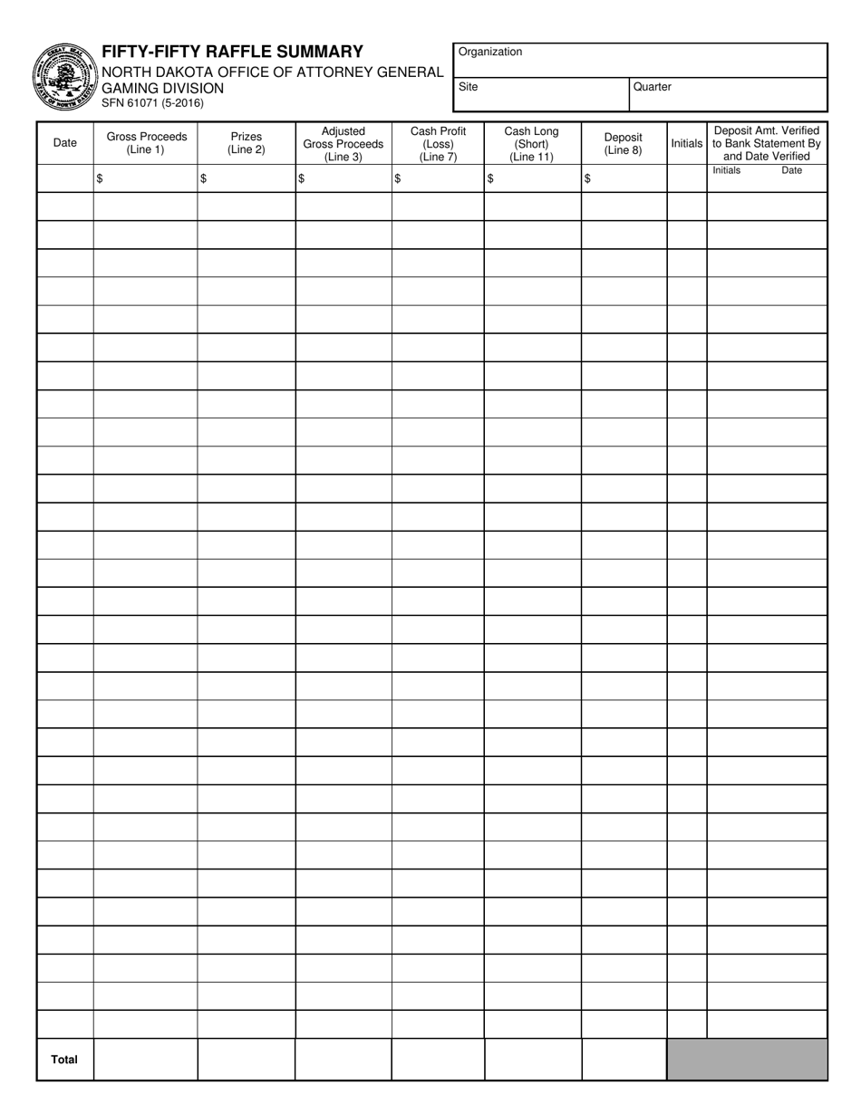 Form SFN61071 Fifty-Fifty Raffle Summary - North Dakota, Page 1