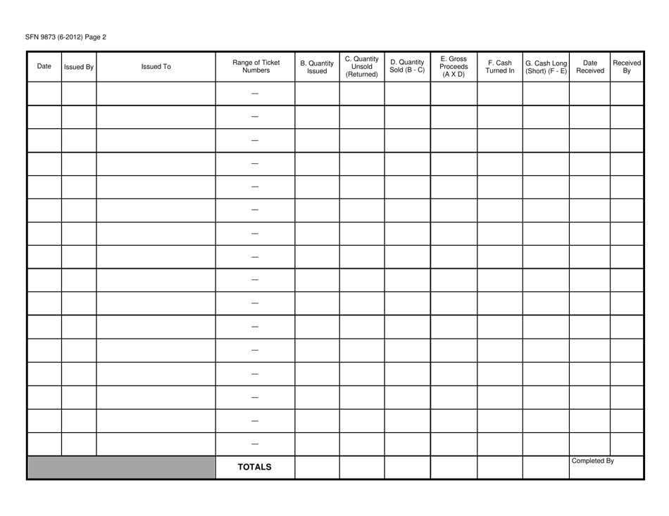 Form SFN9873 Raffle Ticket Distribution Log - Single Tickets - North Dakota, Page 2