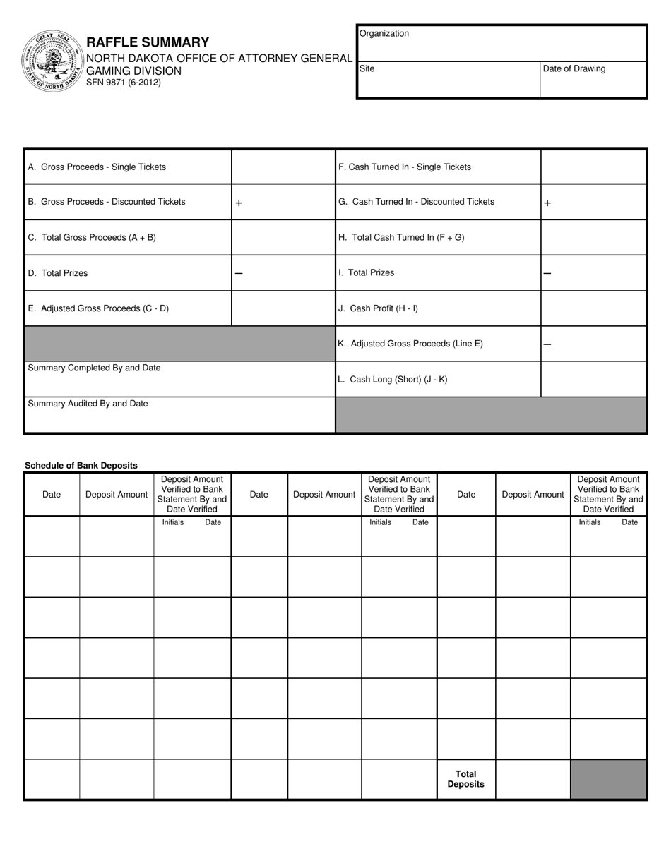 Form SFN9871 Raffle Summary - North Dakota, Page 1