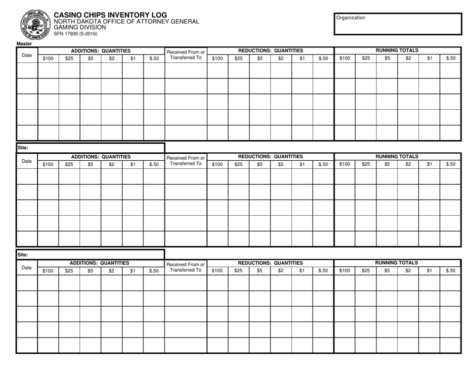 Form SFN17930 Casino Chips Inventory Log - North Dakota, Page 1