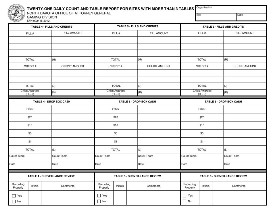 Form SFN9924 Twenty-One Daily Count and Table Report for Sites With More Than 3 Tables - North Dakota, Page 1