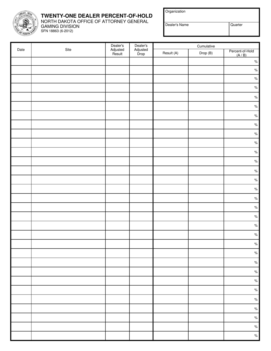 Form SFN18863 Twenty-One Dealer Percent-Of-Hold - North Dakota, Page 1