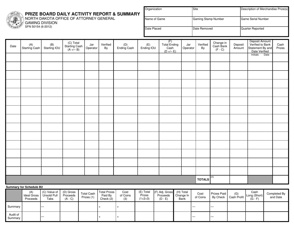 Form SFN50154 Prize Board Daily Activity Report  Summary - North Dakota, Page 1