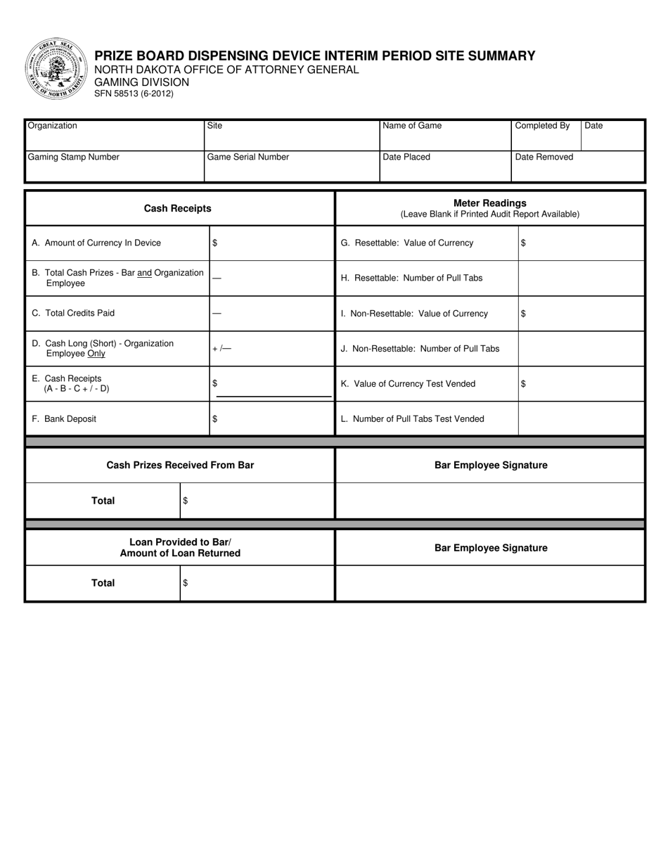 Form SFN58513 Prize Board Dispensing Device Interim Period Site Summary - North Dakota, Page 1