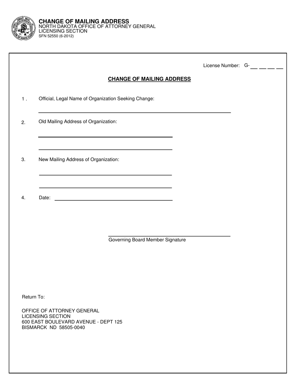 Form SFN52550 Change of Mailing Address - North Dakota, Page 1