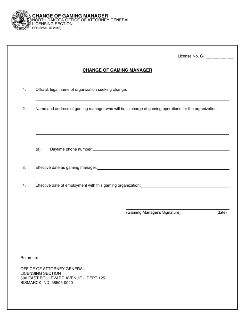 Form SFN52549 Change of Gaming Manager - North Dakota, Page 1