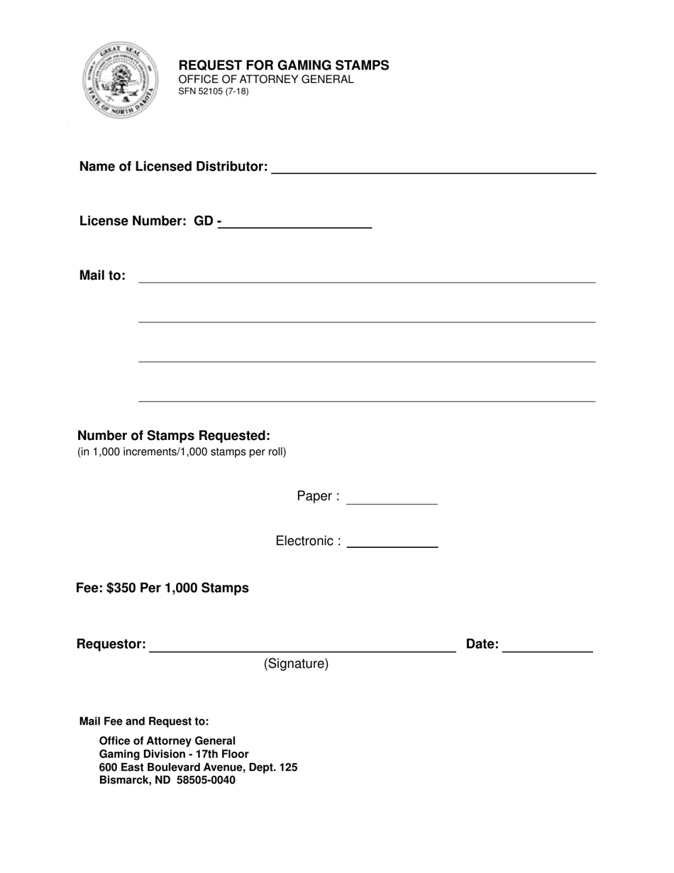 Form SFN52105 Request for Gaming Stamps - North Dakota, Page 1