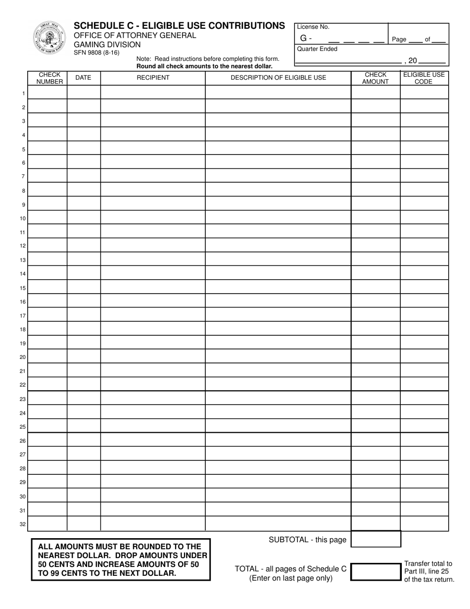 Form SFN9808 Schedule C Eligible Use Contributions - North Dakota, Page 1