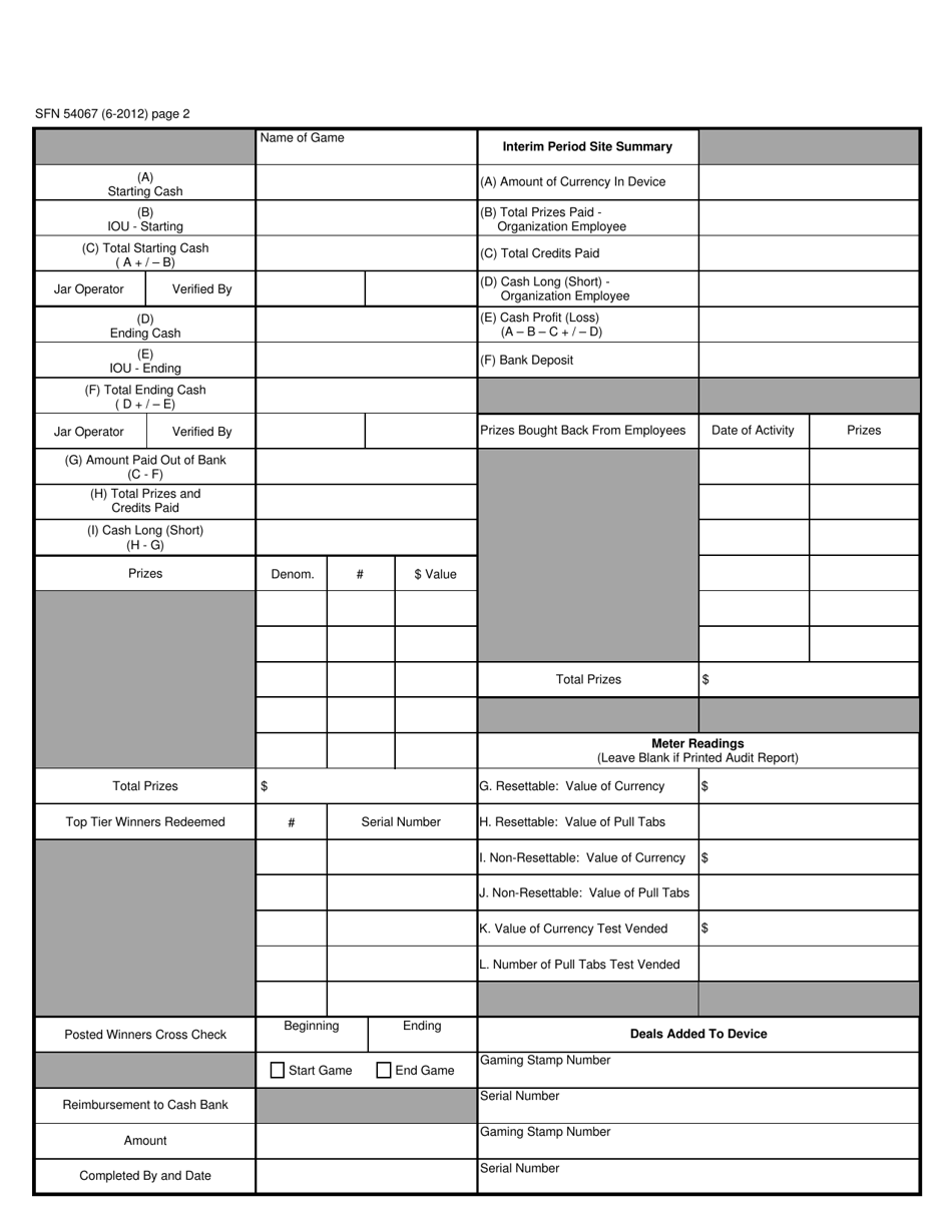 Form SFN54067 Pull Tab Dispensing Device Daily Employee Report  Interim Period Site Summary - North Dakota, Page 2