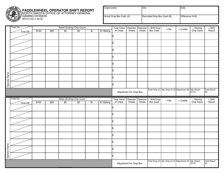 Form SFN51722 Paddlewheel Operator Shift Report - North Dakota, Page 1